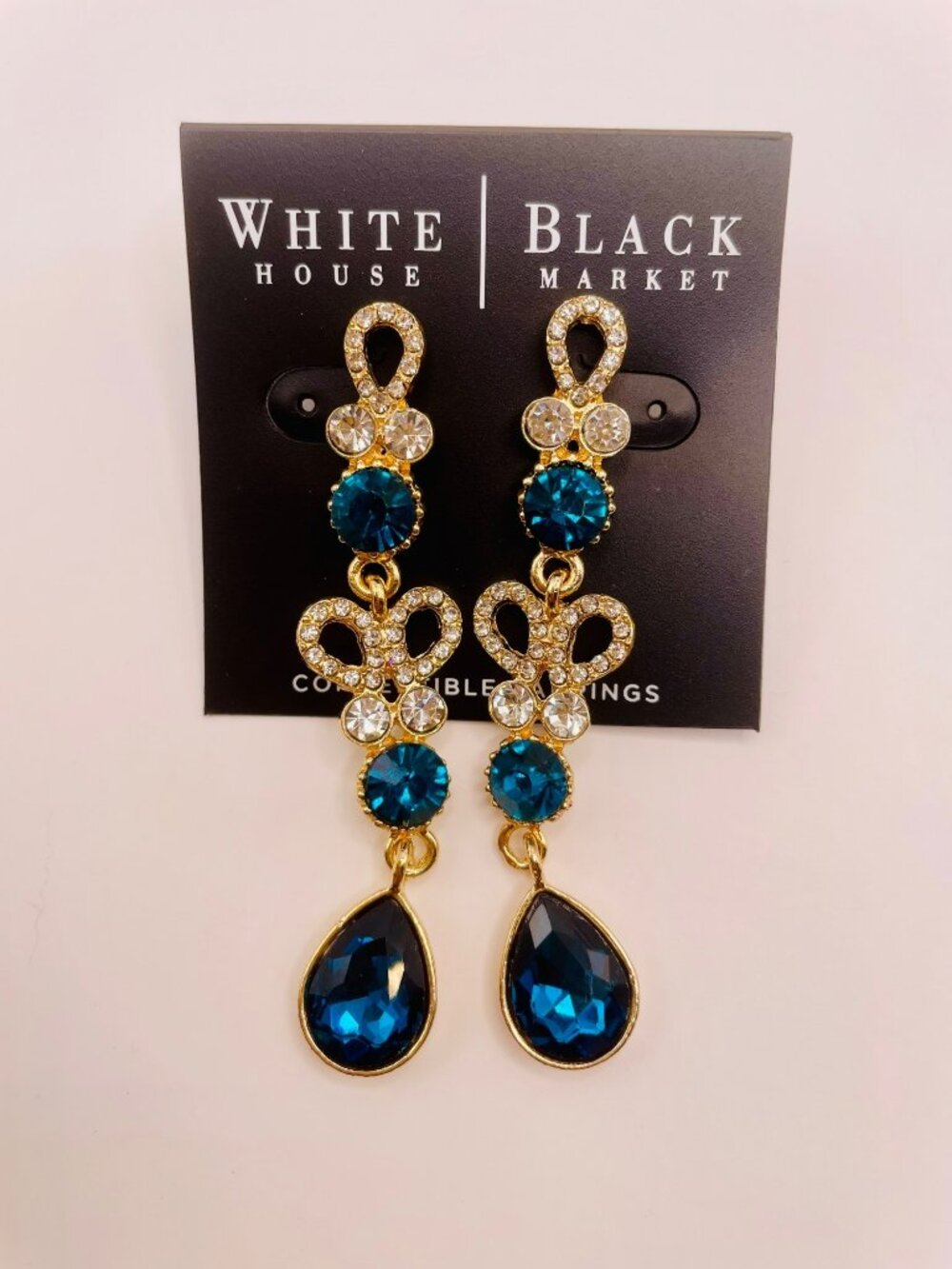 New White House Black Market Gold & Blue Crystal Drop Earrings -17B